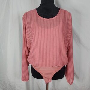 PROMESA Size Medium Sheer Striped Dusty Rose Open Back Snap Bodysuit Cami Blouse
